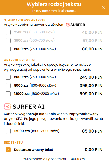 rodzaje treści dla publikacji linkhouse